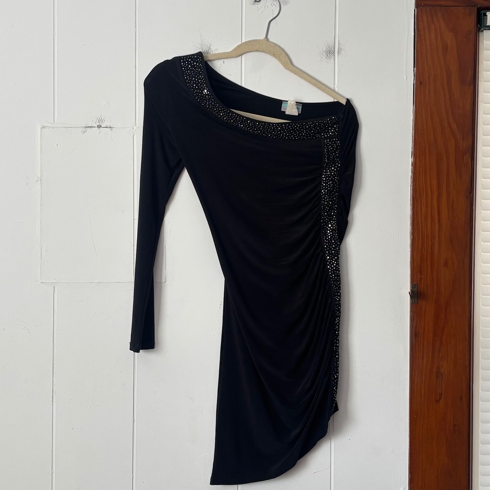 Codigo Y2K Black One Shoulder Rhinestone Ruched Mini‎ Dress A Size M